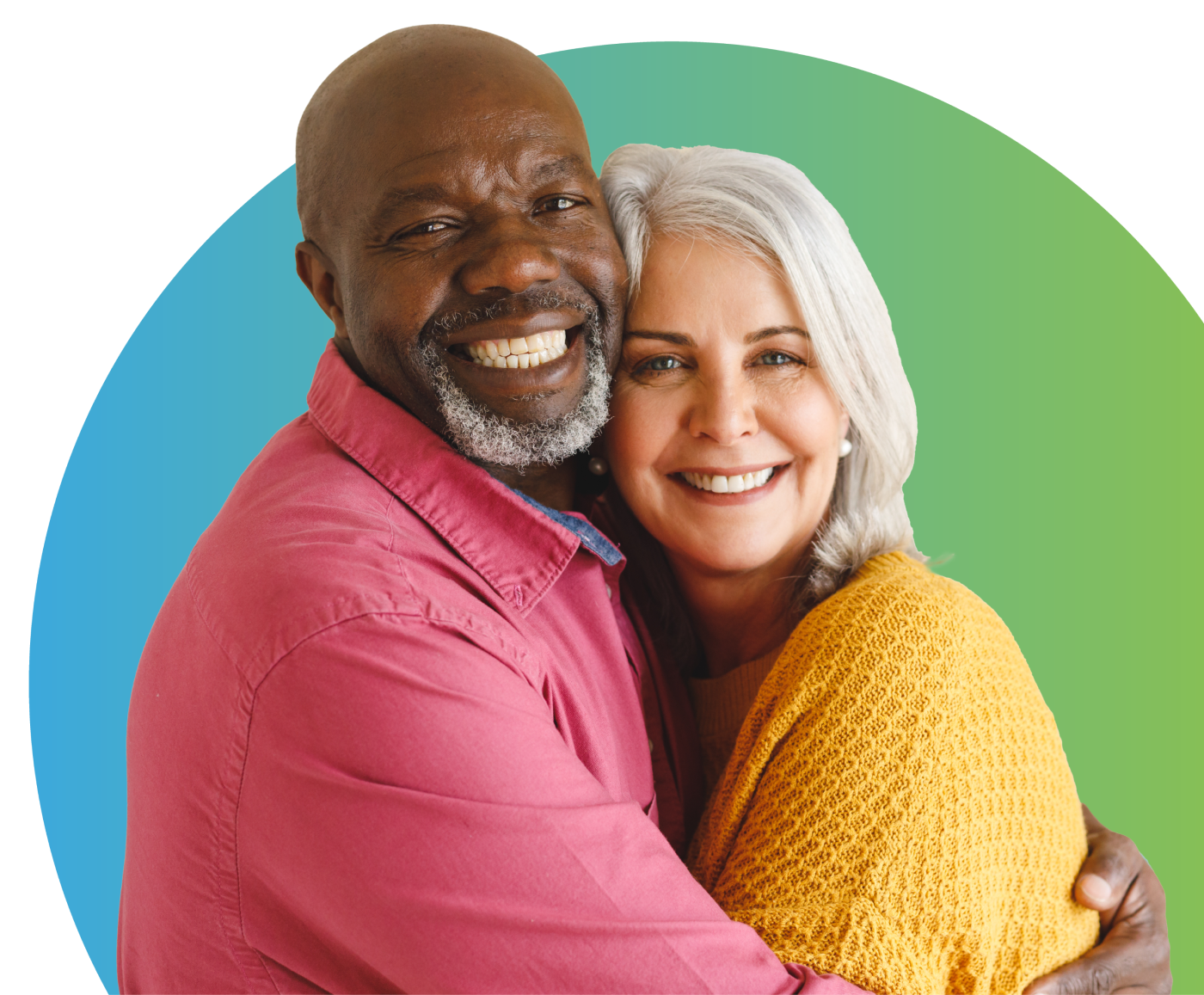 Smiling mature couple hugging, the man with dark skin, a bald head, gray beard, wearing a pink shirt, and the woman with light skin, gray hair, wearing a yellow sweater, against a colorful background.