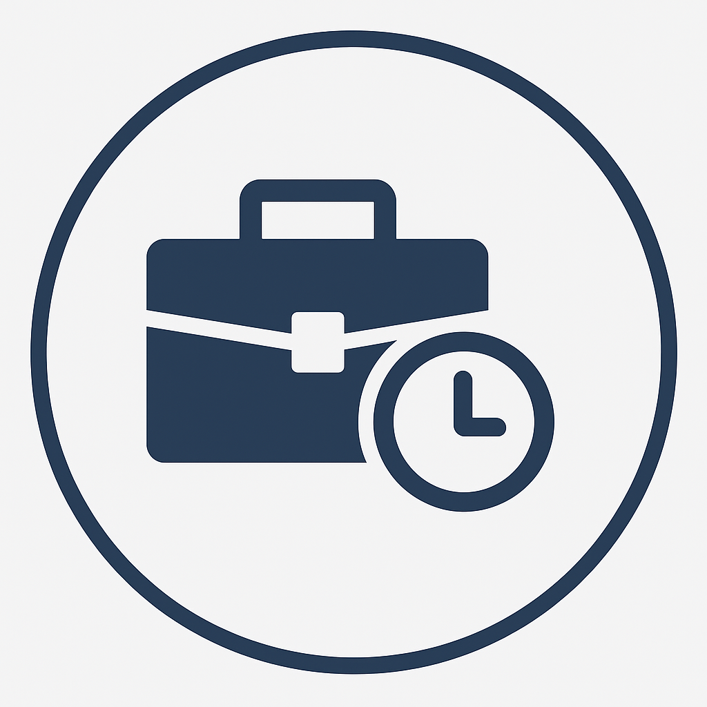 Briefcase with a clock symbol, indicating time management or work schedule.