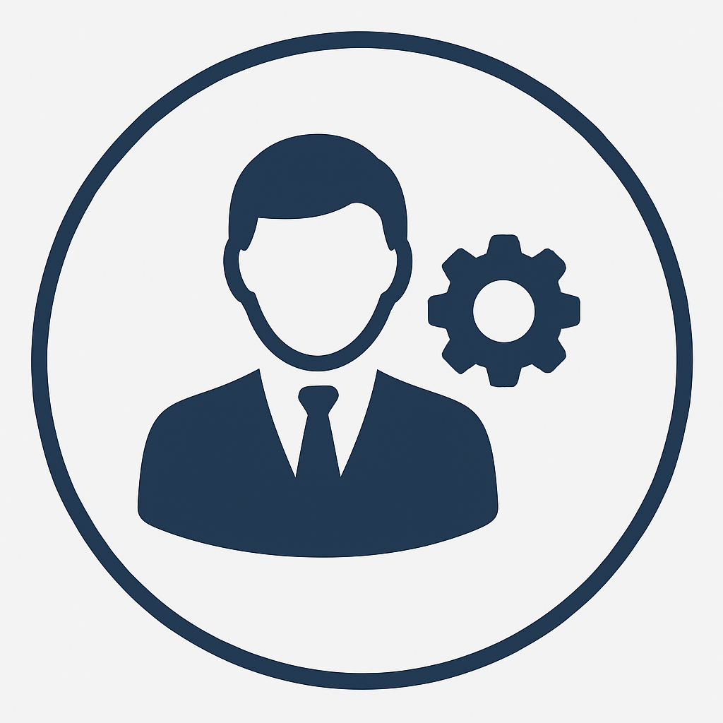 Icon of a businessman with a gear symbol, representing management or technical support.