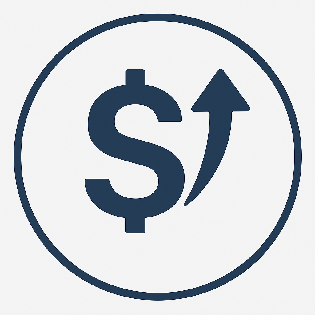 Icon of a dollar sign with an upward arrow, symbolizing financial growth or profit.