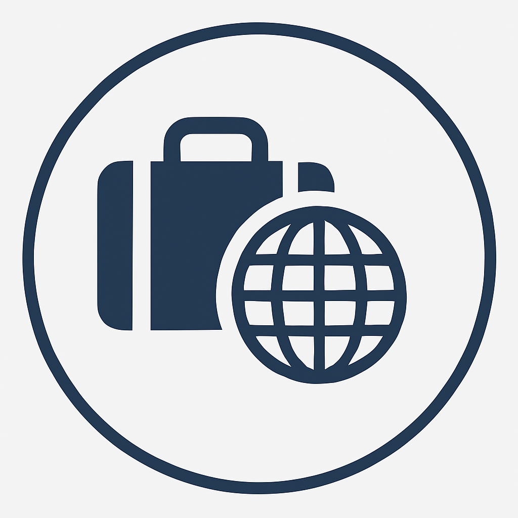 Icon of a suitcase and a globe inside a circle, representing travel or international travel.