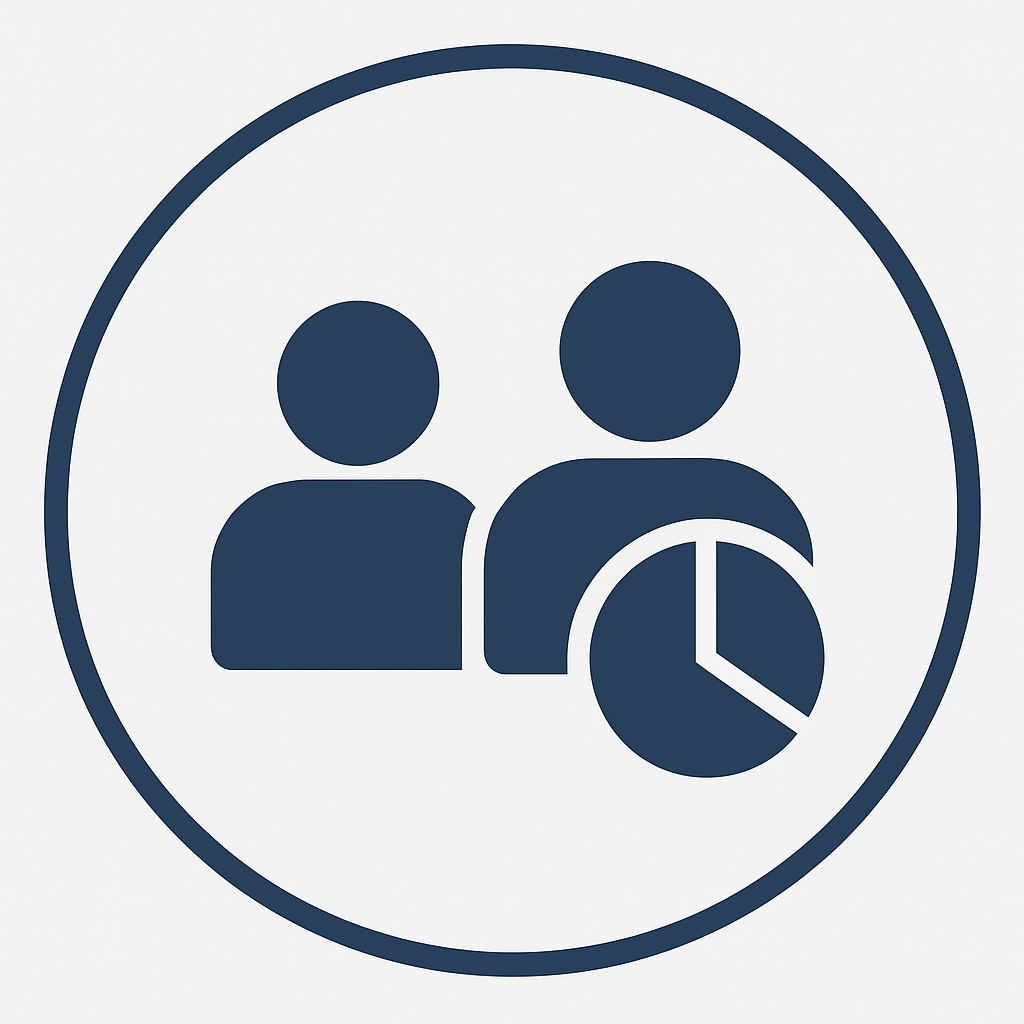 Icon of two people with a pie chart, representing team or user statistics.