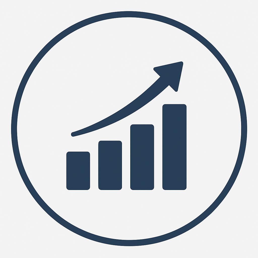 A circular icon with a bar graph showing rising bars and an upward trending arrow, representing growth or progress.