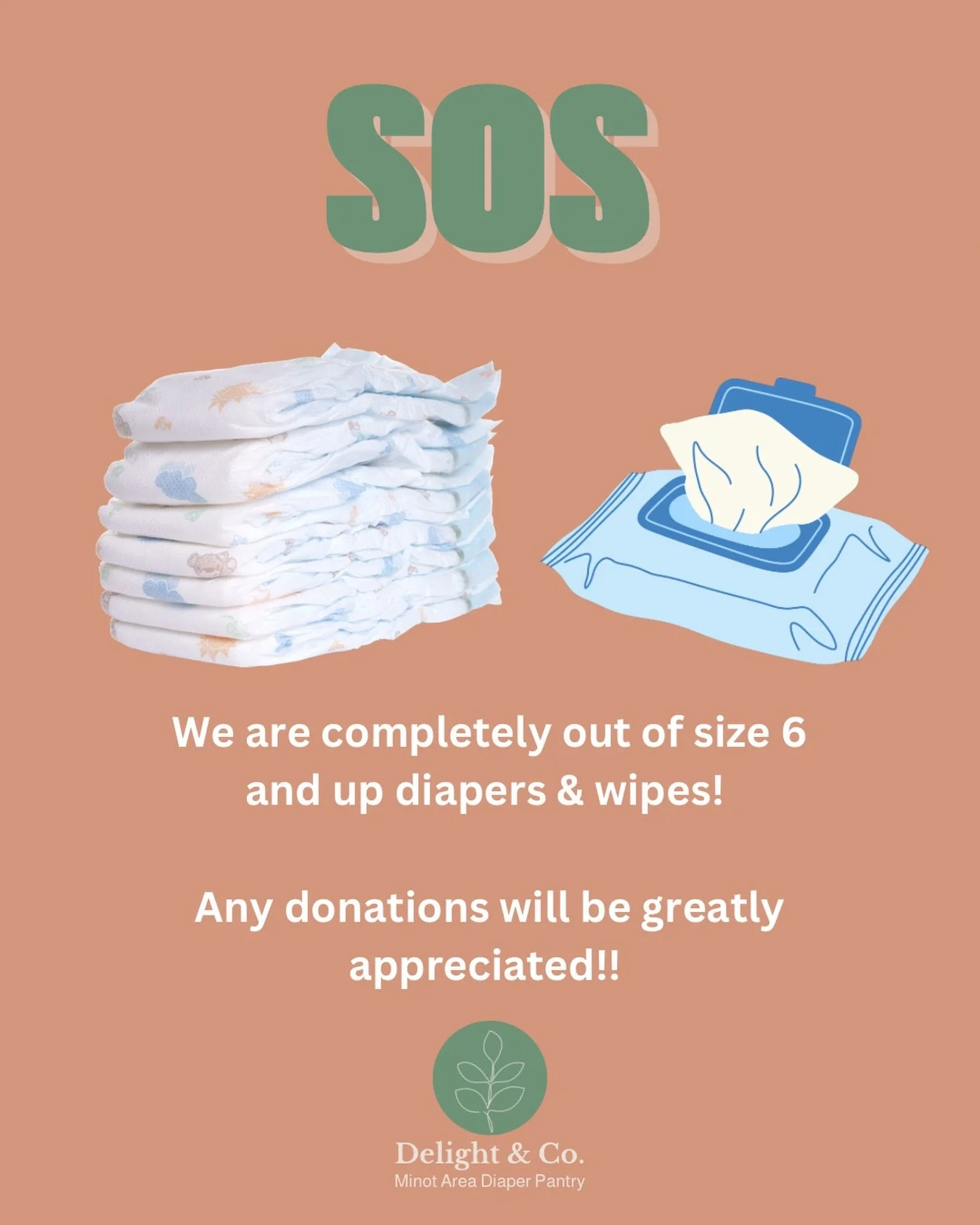 We're experiencing a high demand for wipes, but unfortunately, we're all out! We're also out of size 6 and above diapers. Any donations would be greatly appreciated!