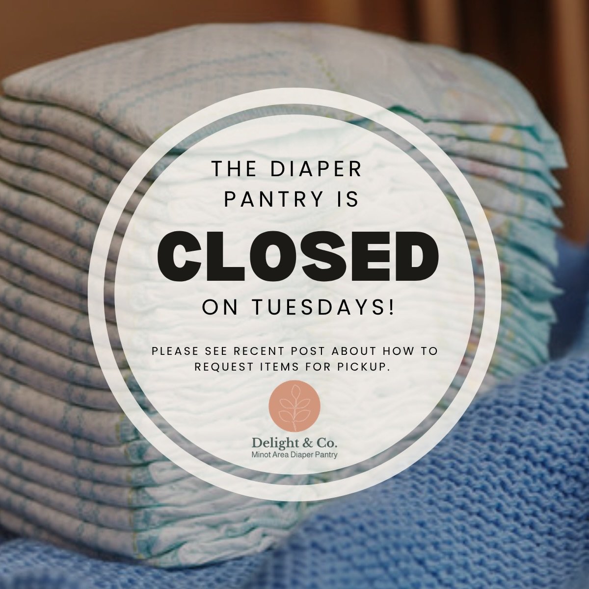 ⚠️IMPORTANT UPDATE from the Delight &amp; Co. Diaper Pantry ⚠️

Due to a shortage of volunteers, we will be adjusting how items are distributed from the Diaper Pantry.

Going forward, please email the Diaper Pantry at diaperpantry@minotdelightandco.o