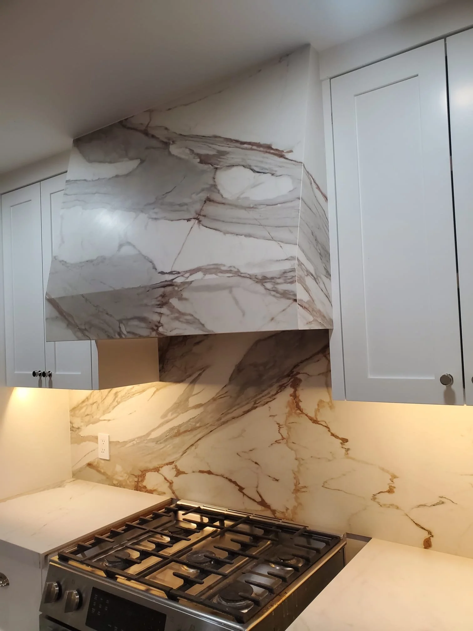 Custom range hood and backsplash finished with dramatic veined stone.