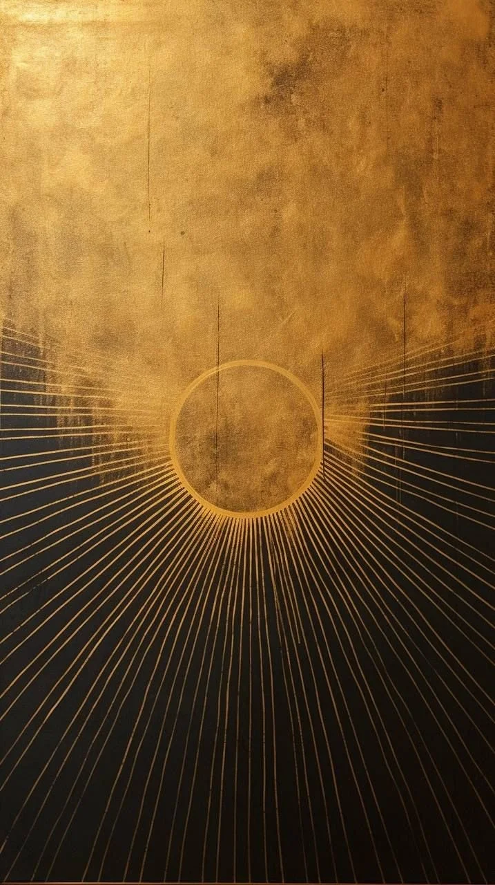A dark, textured wall with a circular light glow in the center, surrounded by radiating gold lines creating a starburst effect.