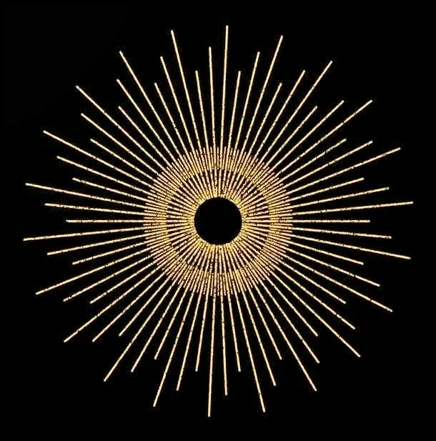 Symmetrical circular pattern of glowing gold lines radiating outward against a black background.