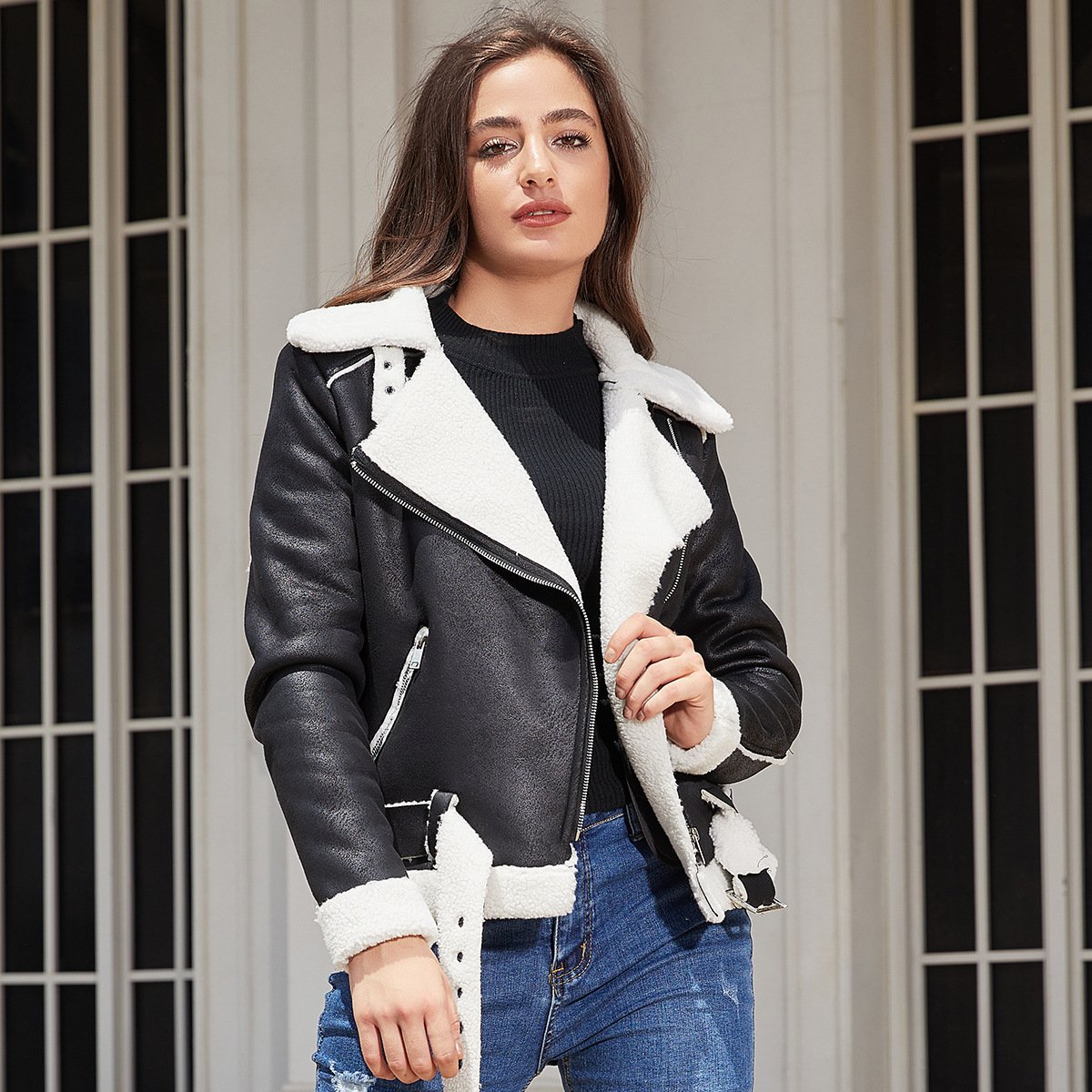 LMN93007 - LADIES WINTER JACKET WITH VEGAN WOOLEN DETAILS