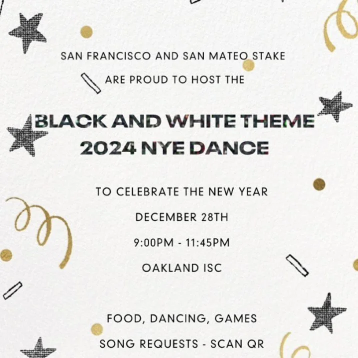 Planning for the Multi-Stake New Year&rsquo;s eve Dance hosted by the San Francisco/San Mateo Stakes is well under way! See about carpooling to make this a great beginning to 2025!

If the QR code doesn&rsquo;t work, the link is in the bio!