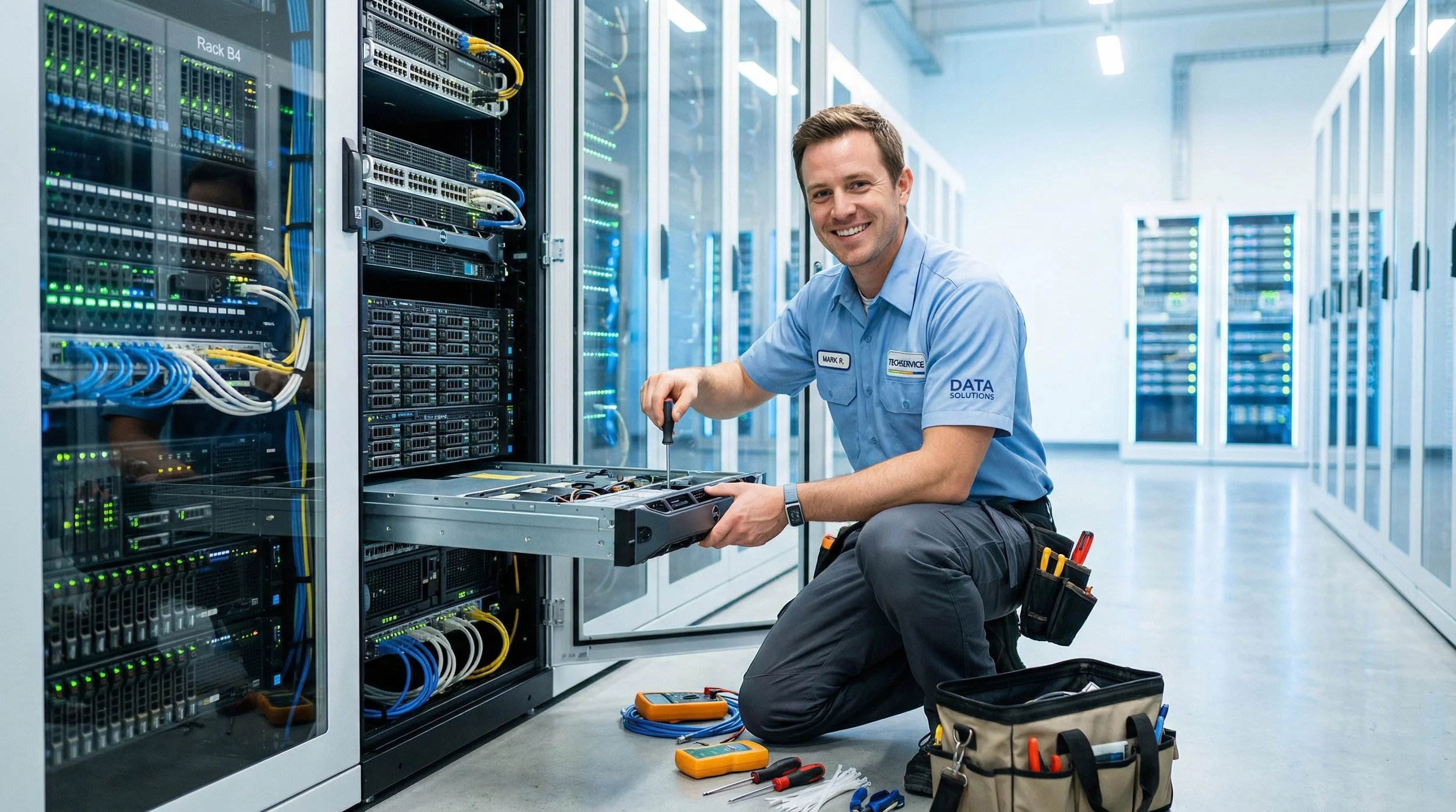 A technician working on a server in a data center, kneeling with tools and equipment