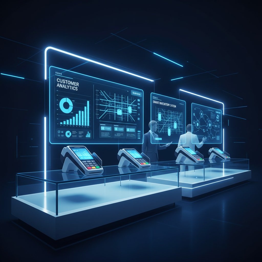 Futuristic data analytics and inventory management display with touchscreen devices and holographic screens showing charts and graphs.