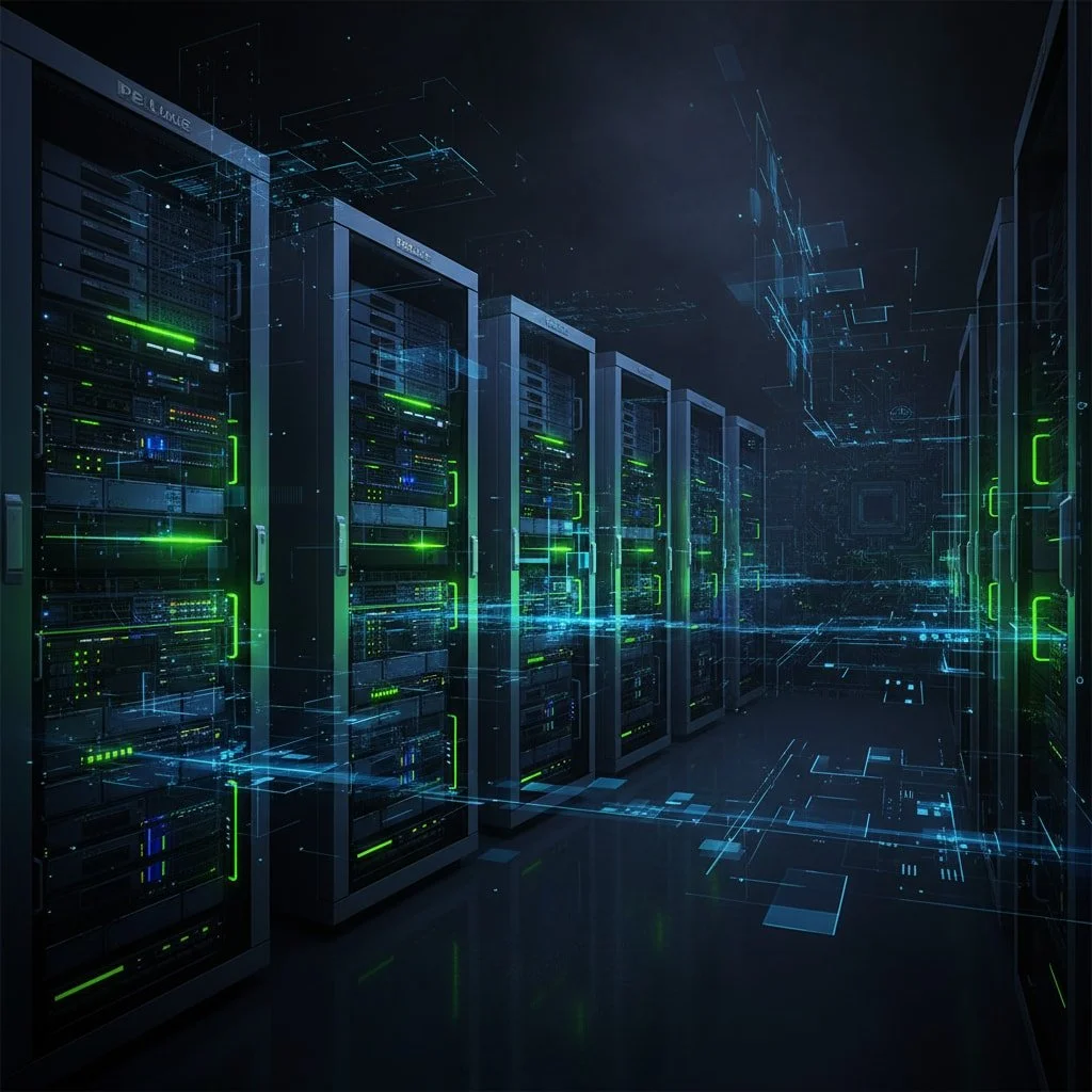 Data center with server racks and digital grid overlay.