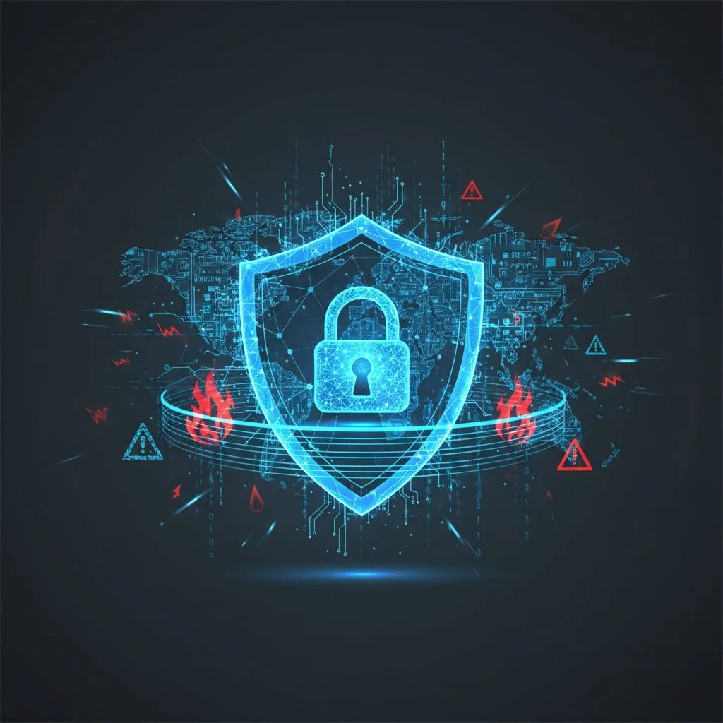 Digital illustration of a shield with a lock symbol, surrounded by cybersecurity icons, warning signs, and fire symbols, representing cybersecurity and data protection.
