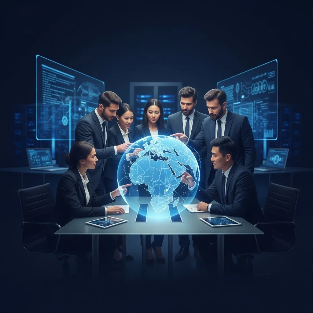 Business team in a futuristic meeting room analyzing a 3D holographic globe of Earth with digital data and charts in a high-tech environment.