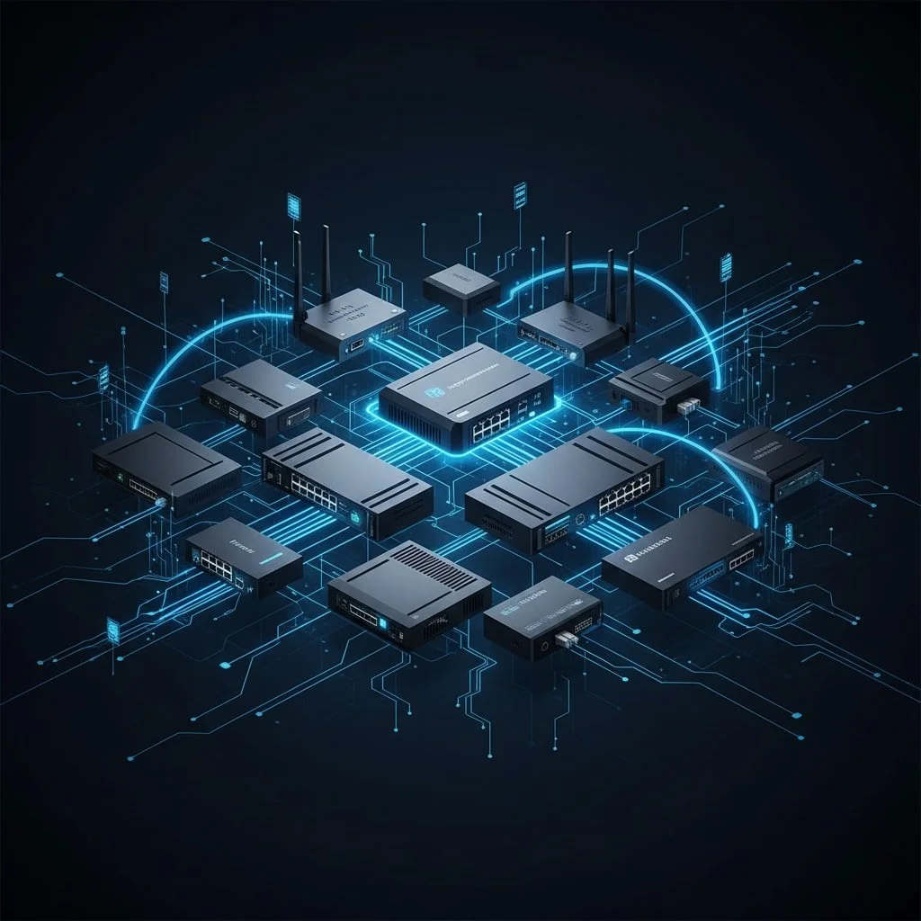 Collection of interconnected networking devices and routers with digital circuit lines connecting them, representing a computer network.