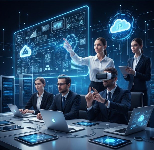 A group of professionals in a modern conference room using laptops and VR headset, with holographic digital interface displaying cloud technology and data visuals in the background.