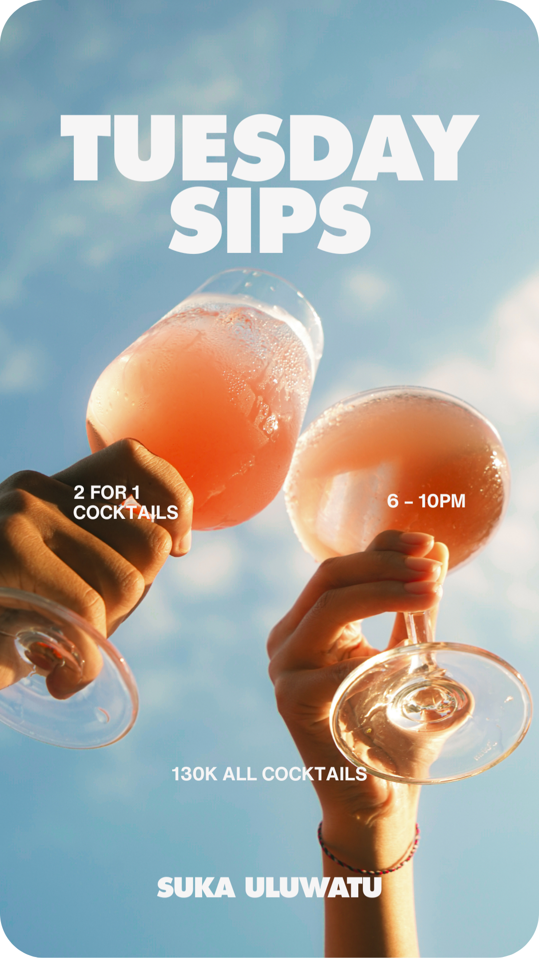 Enjoy 2-for-1 cocktails every Tuesday, perfect for sunset drinks and good company.