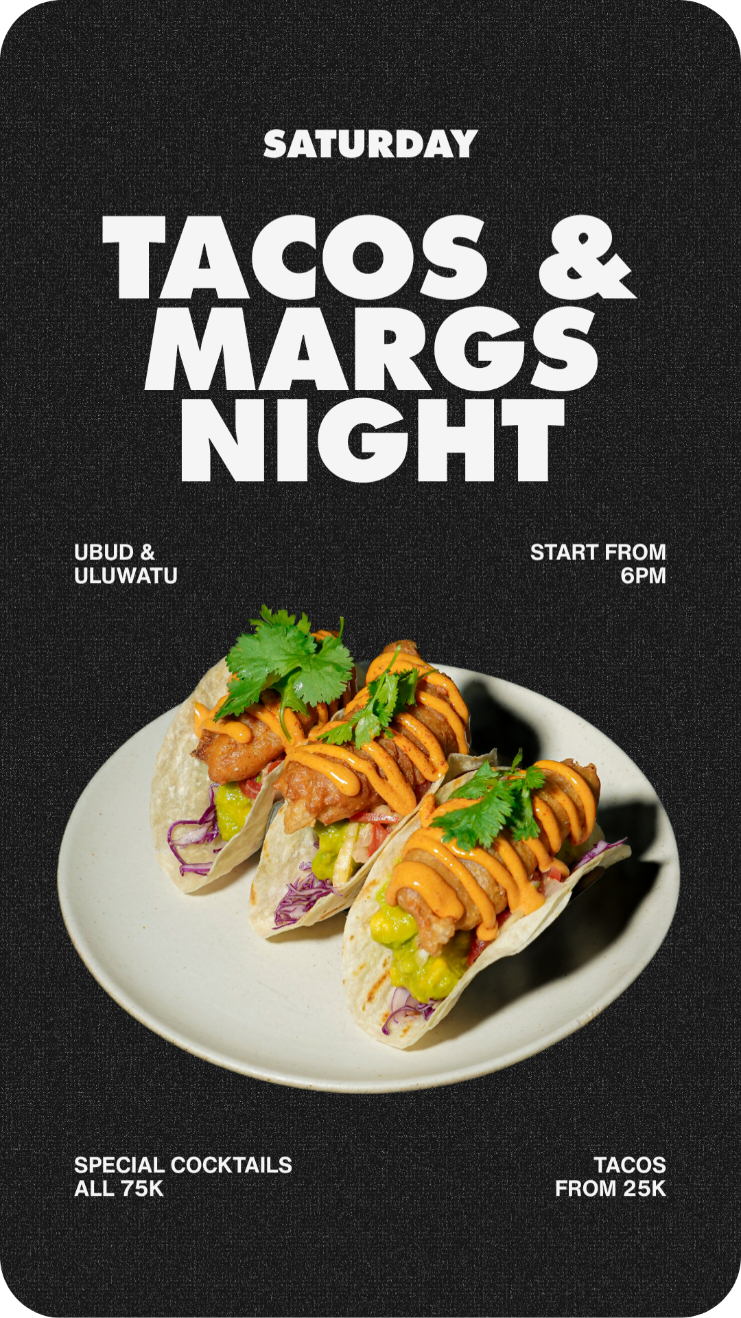 A lively evening of handcrafted tacos and margaritas, served every Saturday from 6PM.