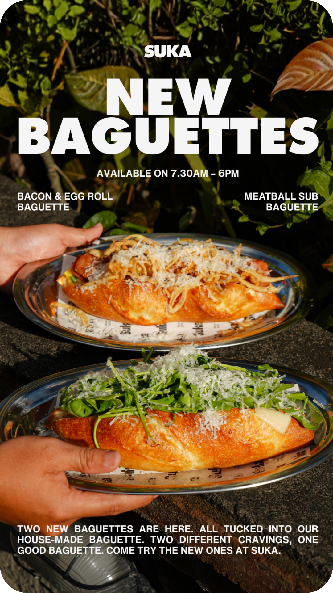 New on the baguette menu. Bacon Egg Roll and Meatball Sub — two fresh additions, made with our house-made baguette and ready from today at Suka Ubud.