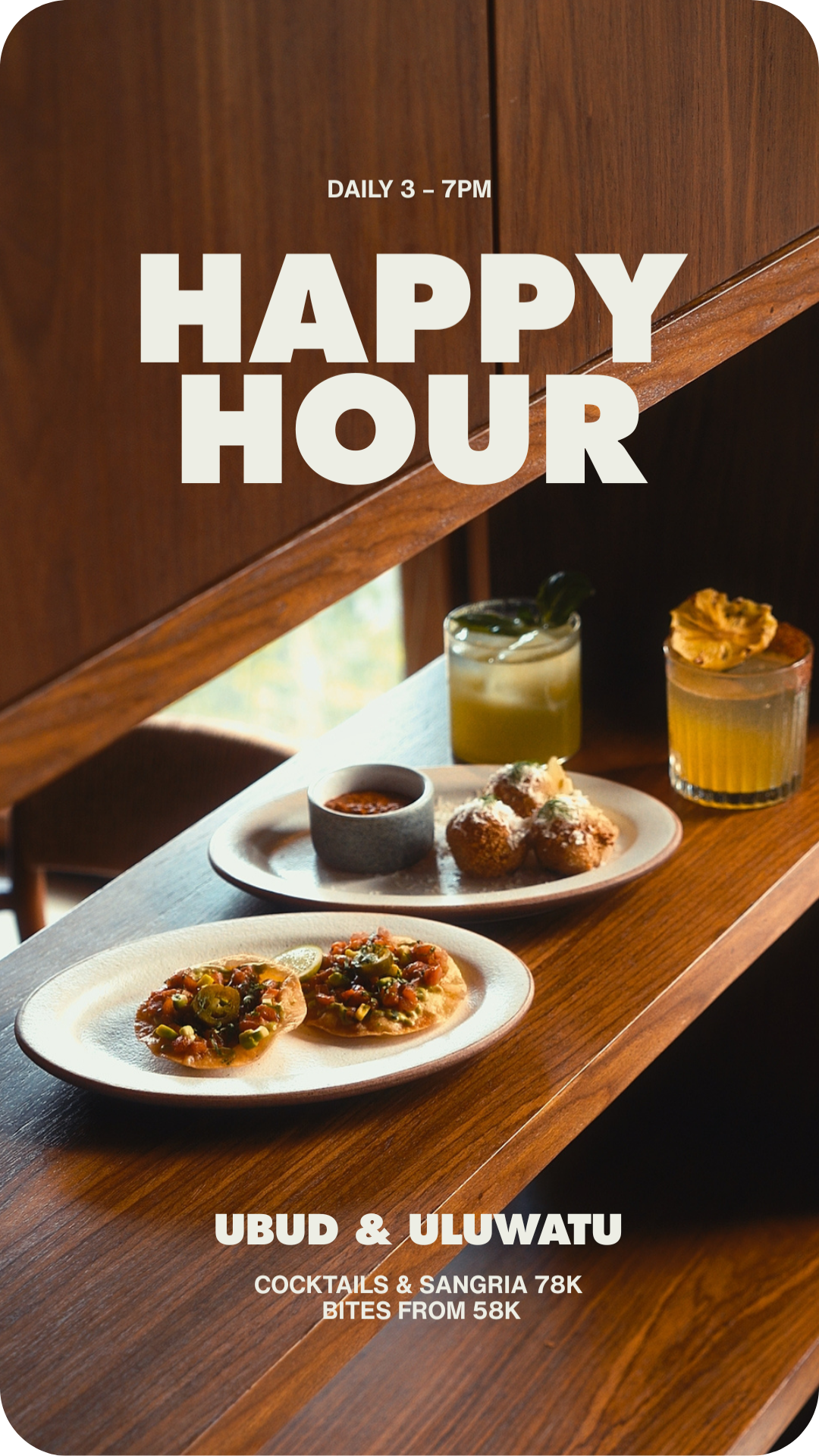 Signature cocktails, sangria, and bites at special prices, served daily from 3PM to 7PM.