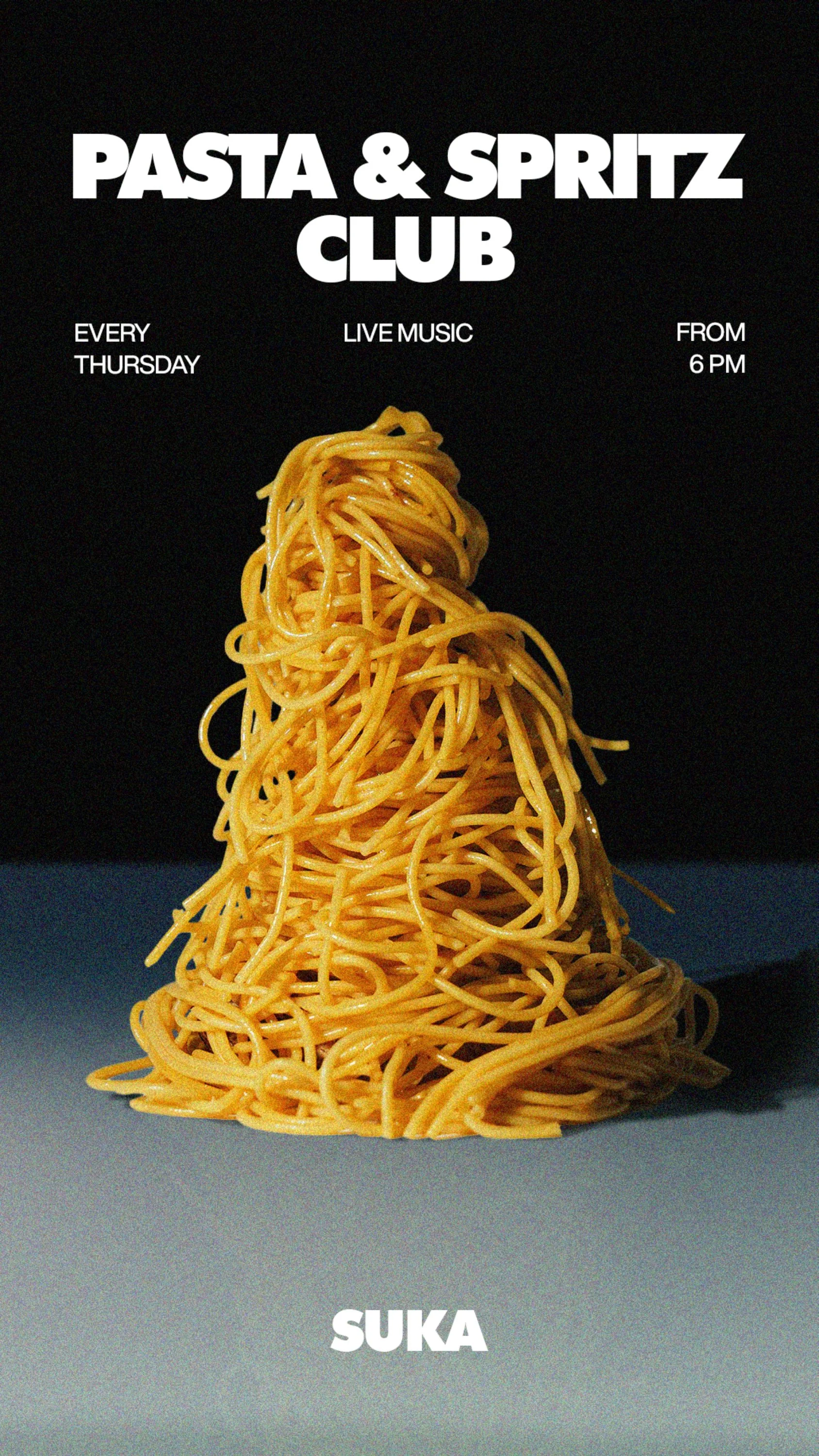 Pasta, spritz, and live music.
Every Thursday from 6 PM at SUKA.