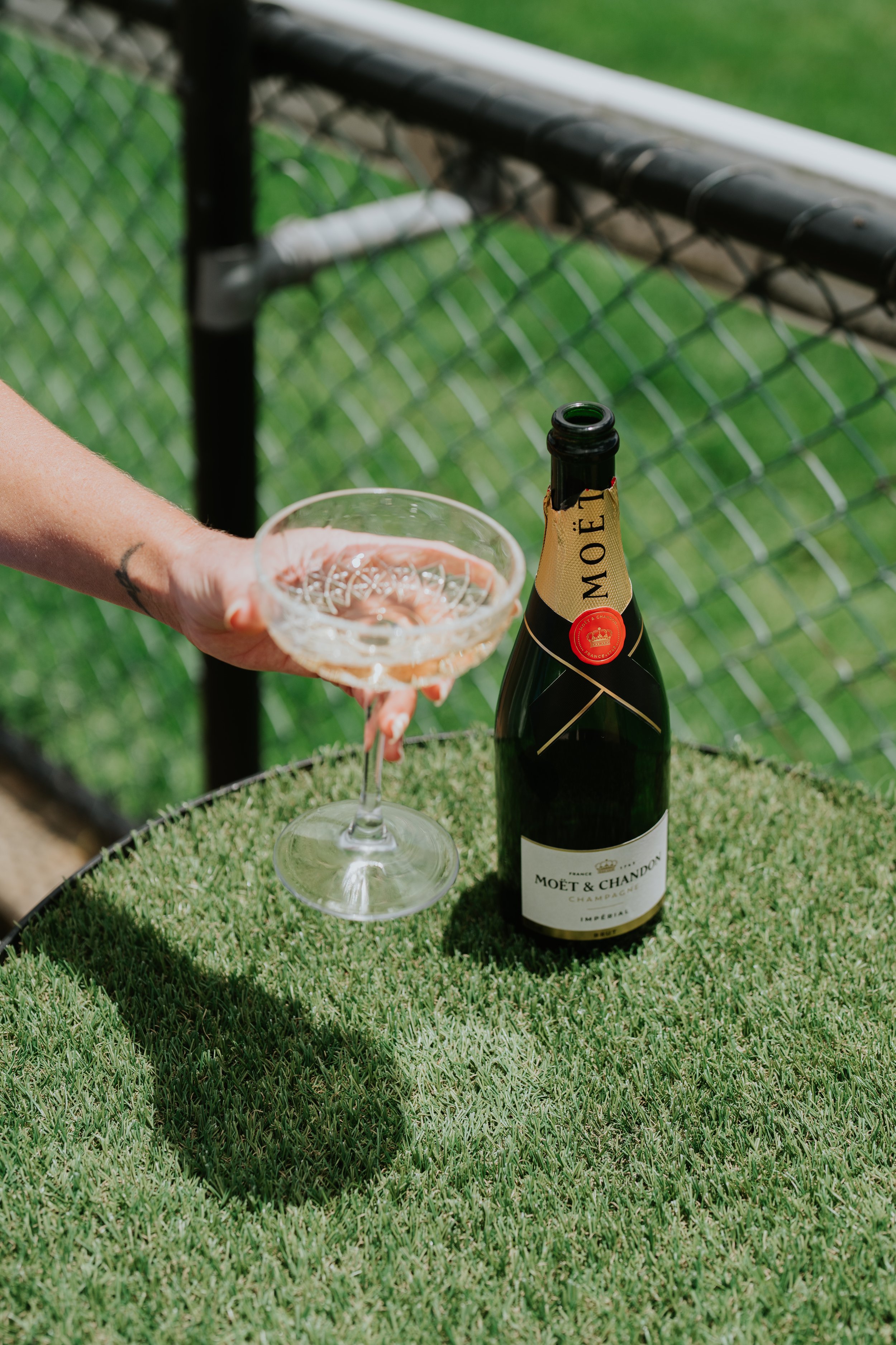 Person holding a coupe glass with champagne next to a bottle of Moët & Chandon on an artificial grass table.