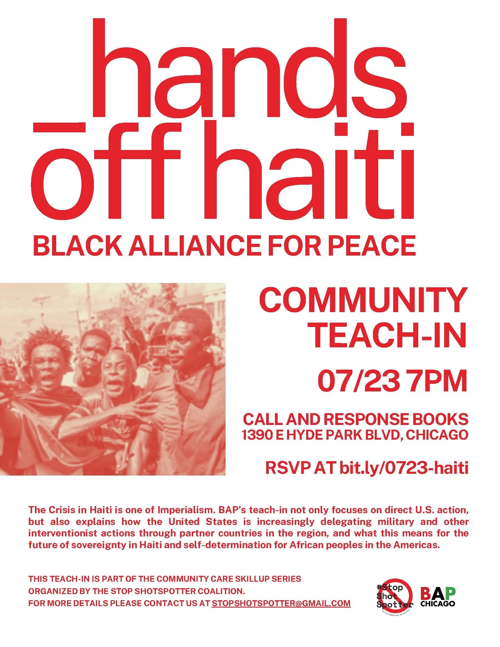 Hands off Haiti Community Teach In Flyer with BAP Chicago and Call and Response Books