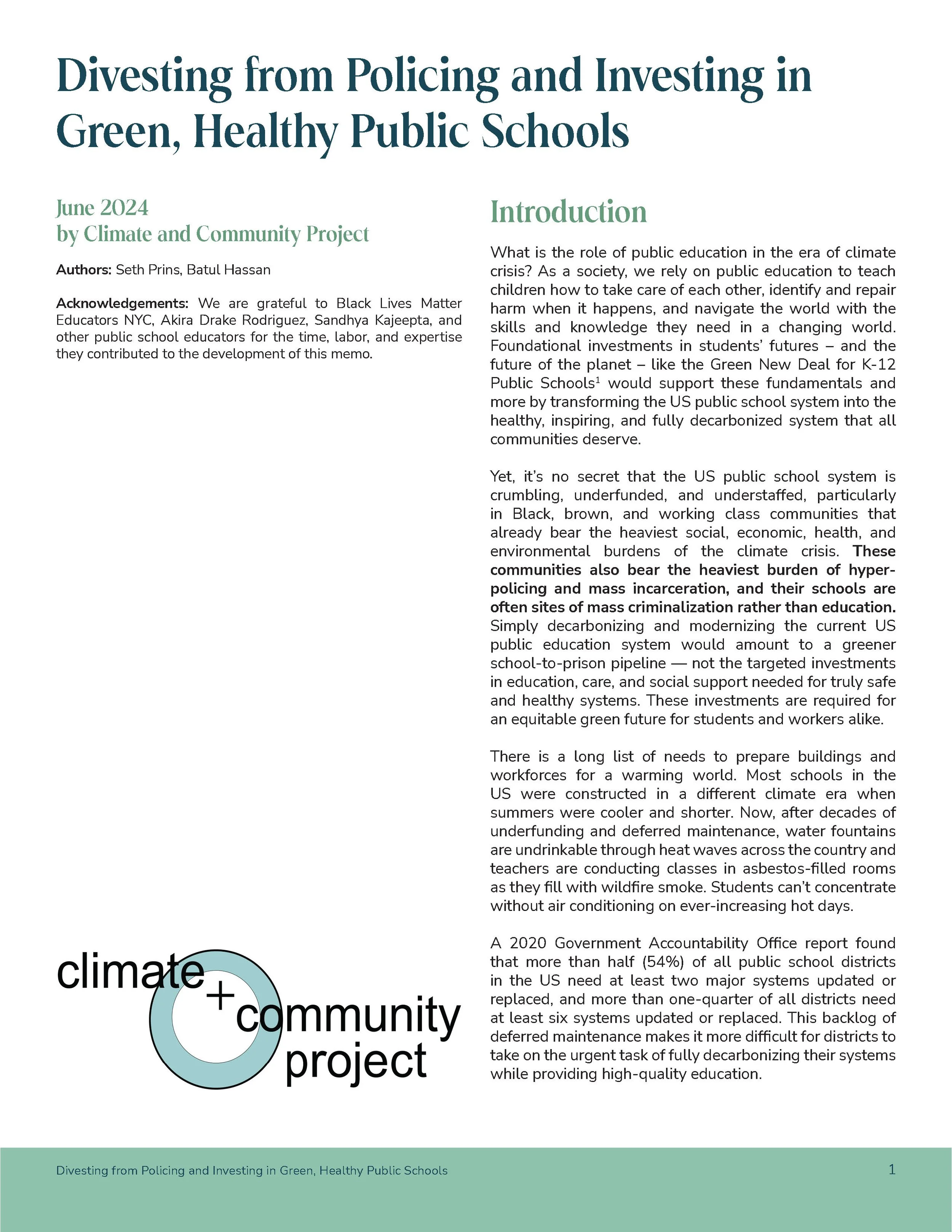 Climate + Community Project - divesting from policing investing in green healthy public schools cover