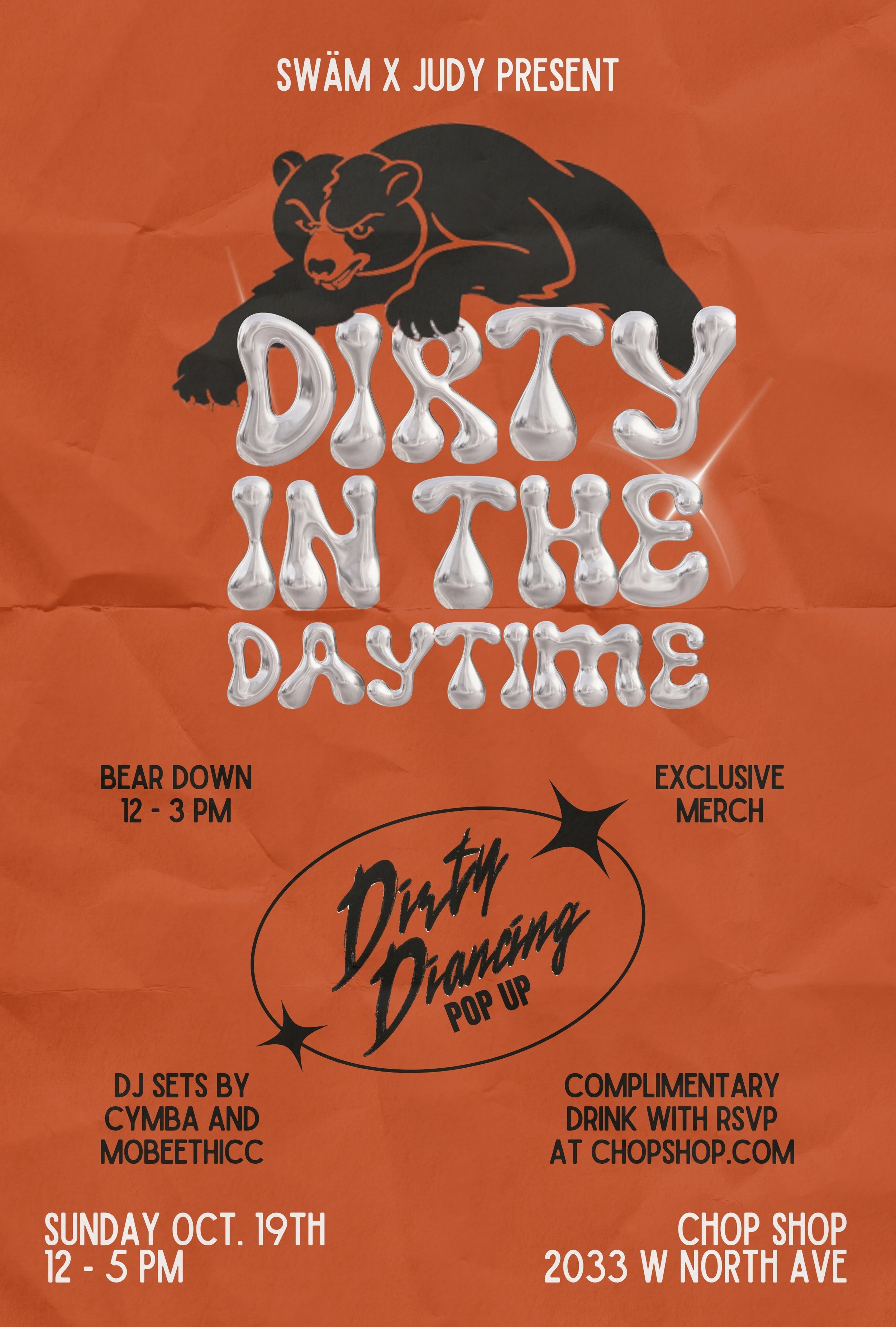 Dirty Diancing pop up event flyer, orange background with bear and silver font