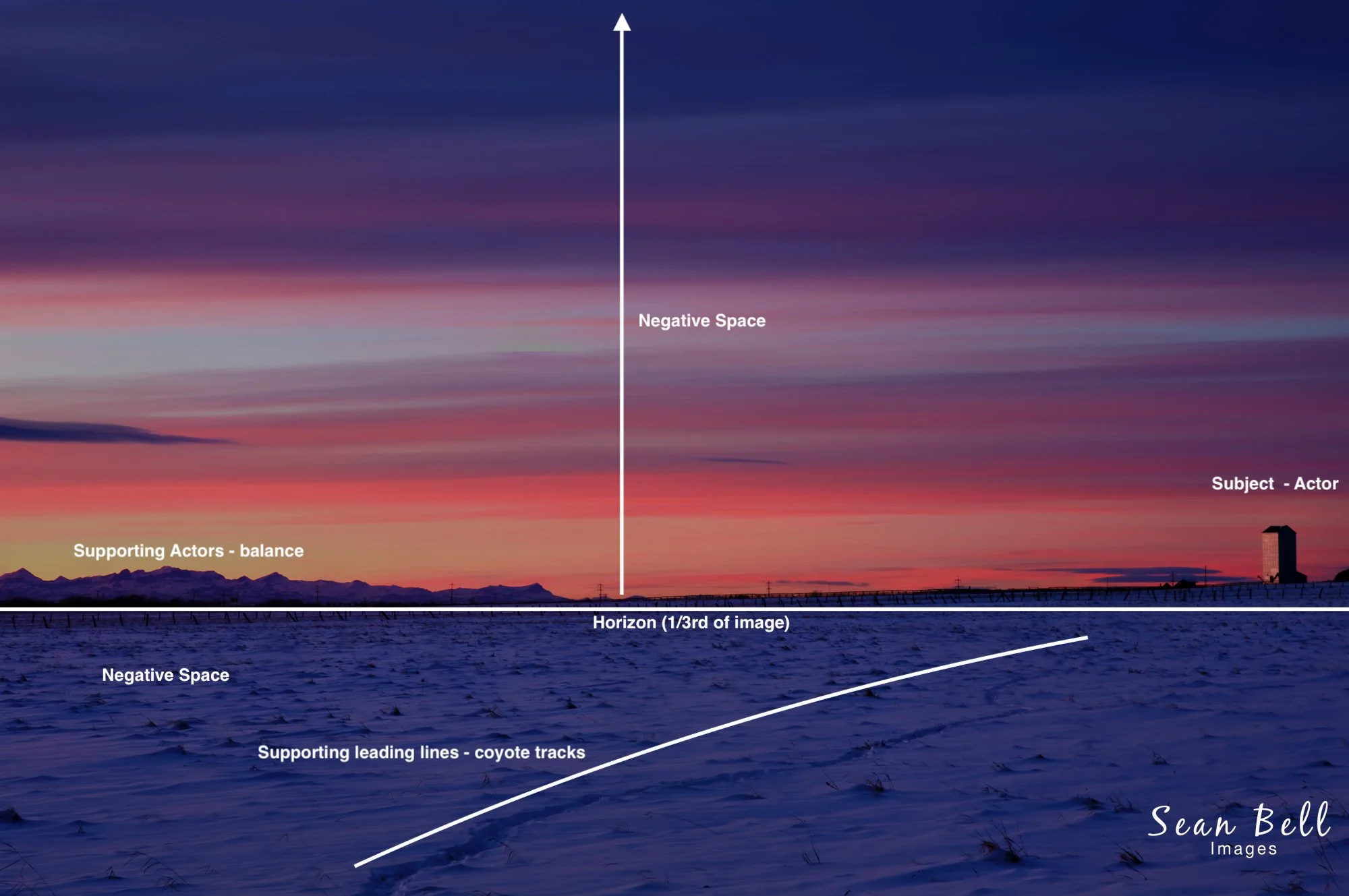 A landscape photograph of a sunset over snow-covered terrain with arrows and labels illustrating compositional elements such as supporting leading lines called coyote tracks, negative space in the sky and ground, a horizon line dividing the image into thirds, a subject actor on the right, and supporting actors balancing the composition.
