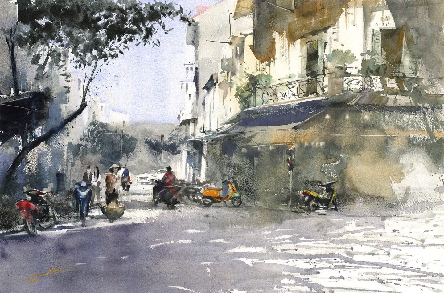 𝑯𝒂̀𝒏𝒈 𝑵𝒈𝒂𝒏𝒈 &ndash; 𝑳𝒂̃𝒏 𝑶̂𝒏𝒈 Corner
A poetic Hanoi on a winter morning, soft streaks of light spreading gently, blurring into the misty space&hellip;
Who are these figures?
They are street vendors, motorbike riders, the pulse of a Han