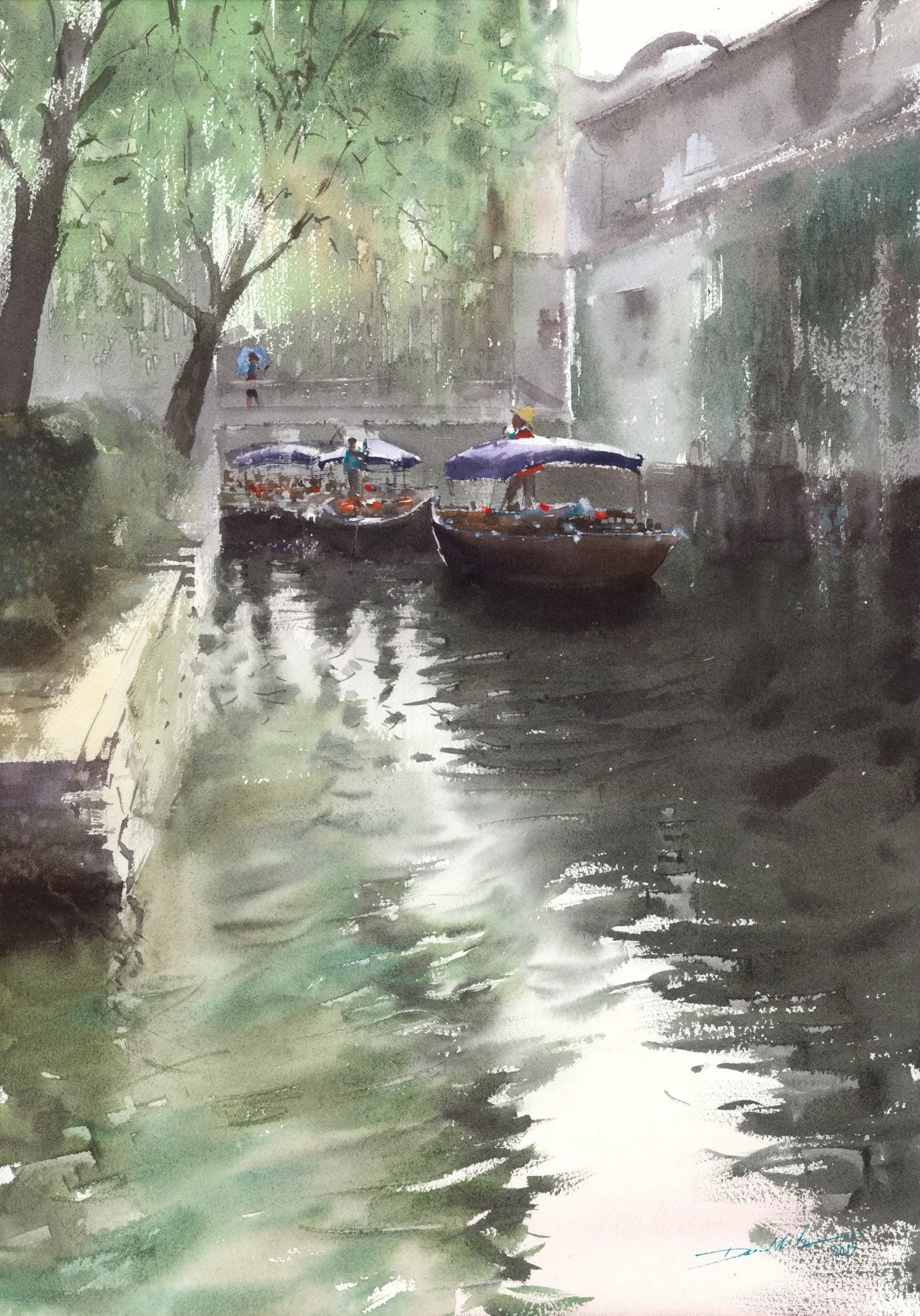 The artwork evokes a quiet, poetic space, where the calm water gently reflects the green hues of foliage and the soft light of early morning. Through a delicate watercolor technique, the artist creates transparent, natural washes that lend the scene 
