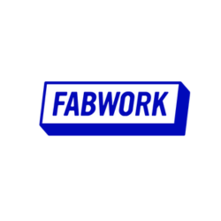 FABWORK logo in blue text inside a tilted rectangular box on a white background.