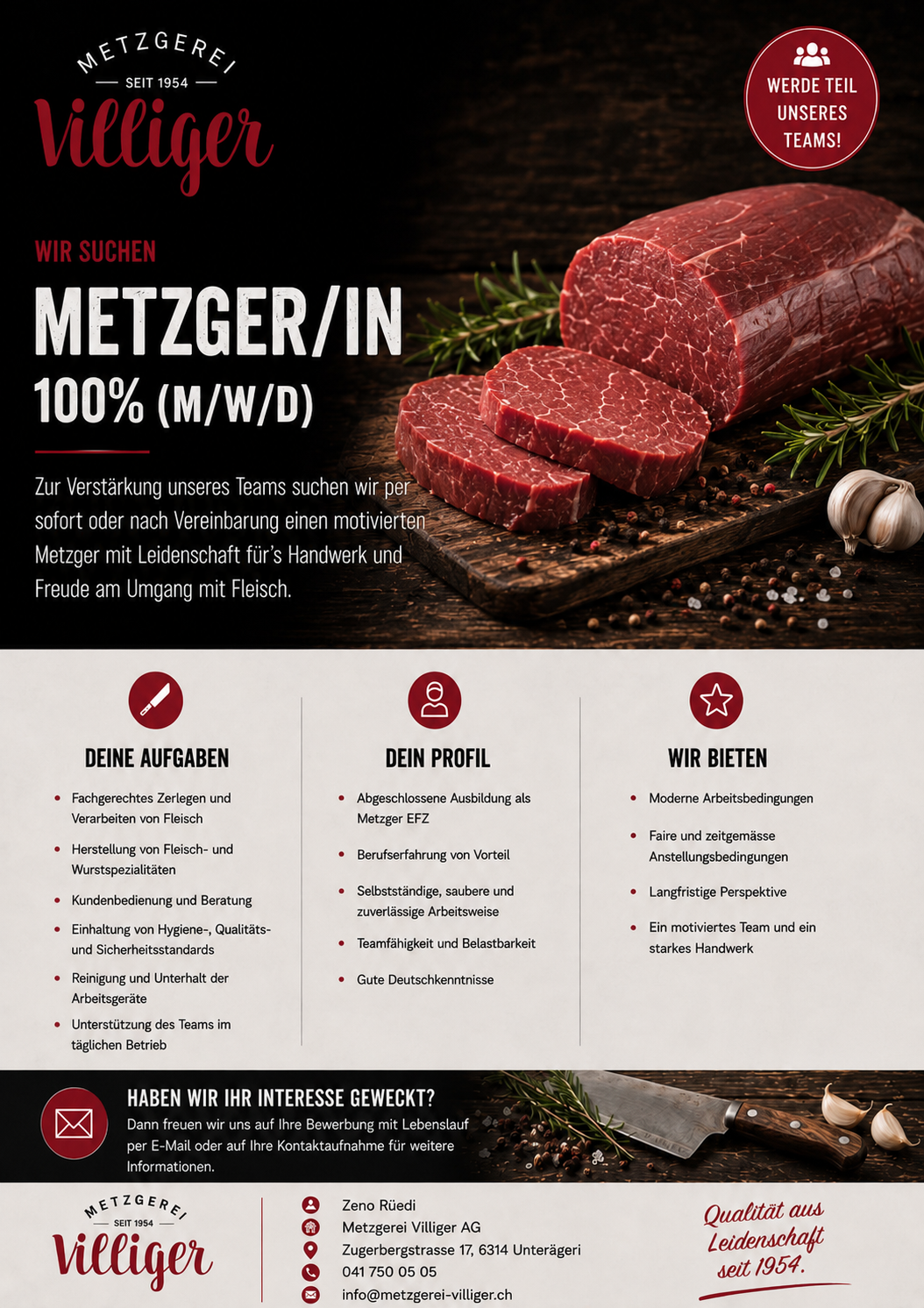 Anzeige einer Stellenanzeige für Metzger/innen bei Metzgerei Villiger. Es ist eine Vorlage mit einem Bild von rotem Fleisch, Knoblauch und Gewürzen auf einem Holzteller im Hintergrund.