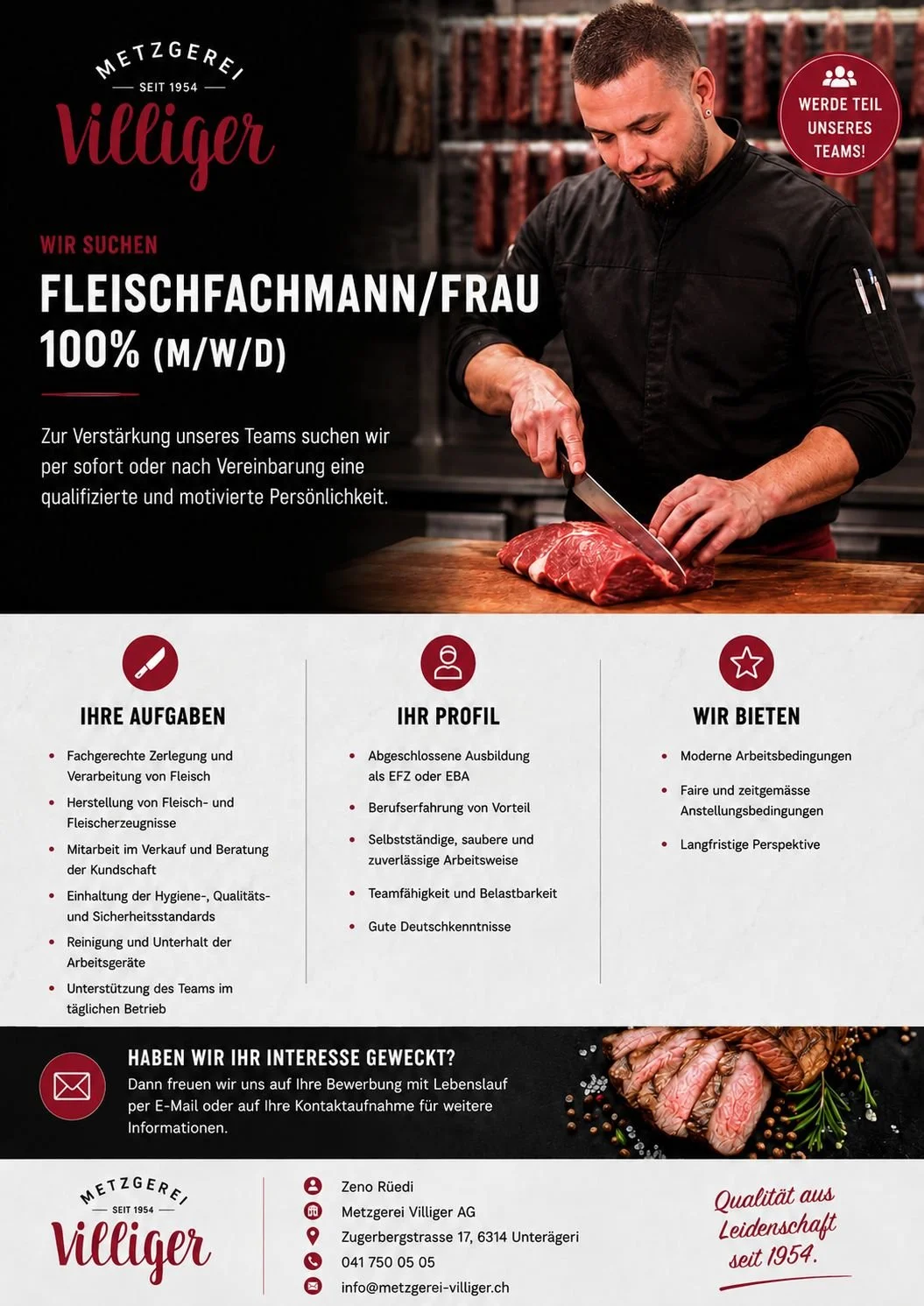 Stellenanzeige für einen Fleischfachmann/eine Fleischfachfrau bei Metzgerei Villiger, mit Bild eines Mannes, der Fleisch schneidet, und Kontaktinformationen am unteren Rand.