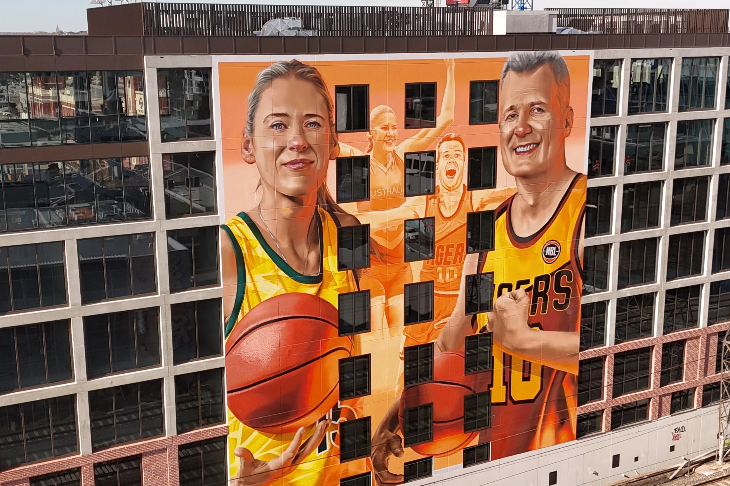 mural depicting nbl superstars lauren jackson and  andrew gaze