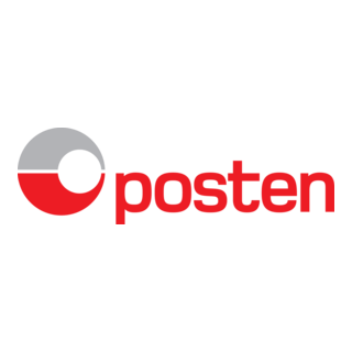 Posten-logo med en stilisert rund etikett i svart, hvitt og rødt.