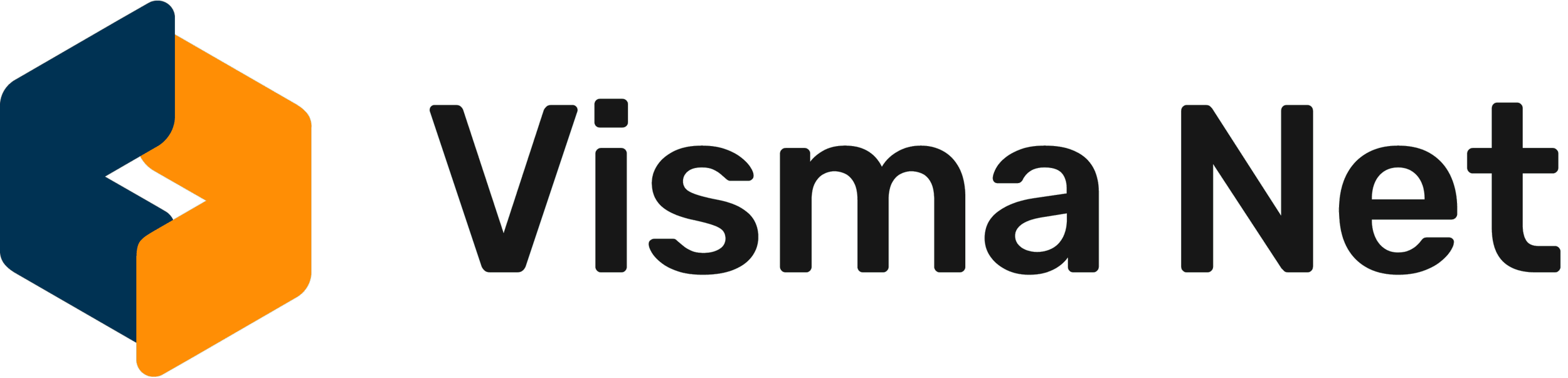 Logga för Vismal Net, som består av en avbildning av en hexagon med blå och orange sektioner och texten 'Visma Net'.