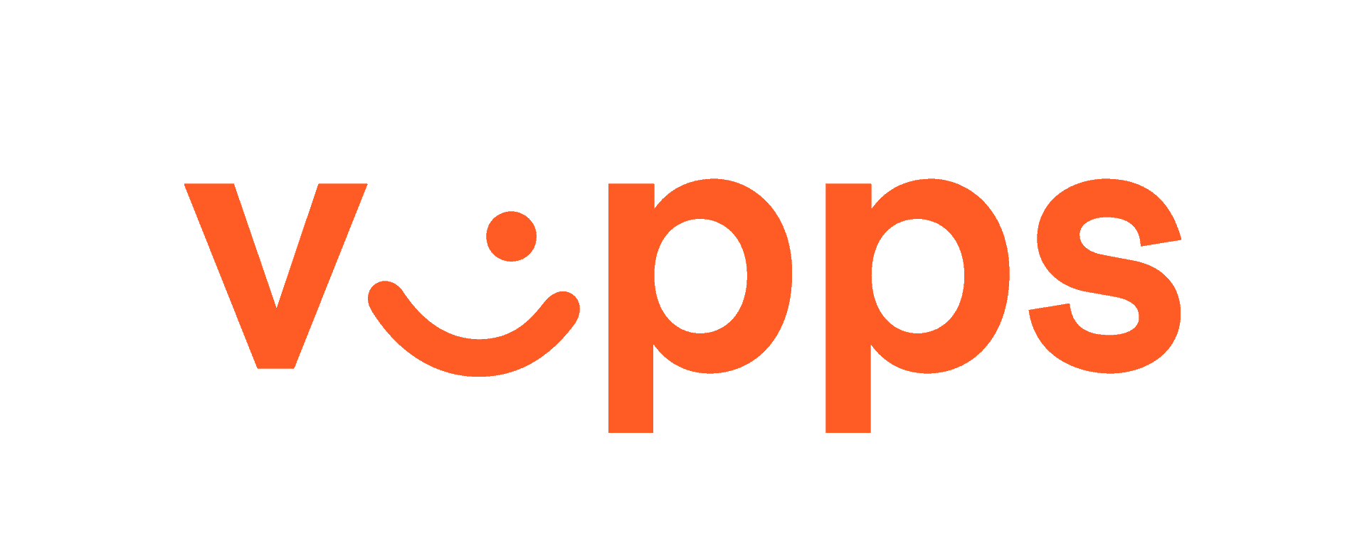 Logo for Vøps, skrevet i svart og oransje med en smilende ansiktslogo.