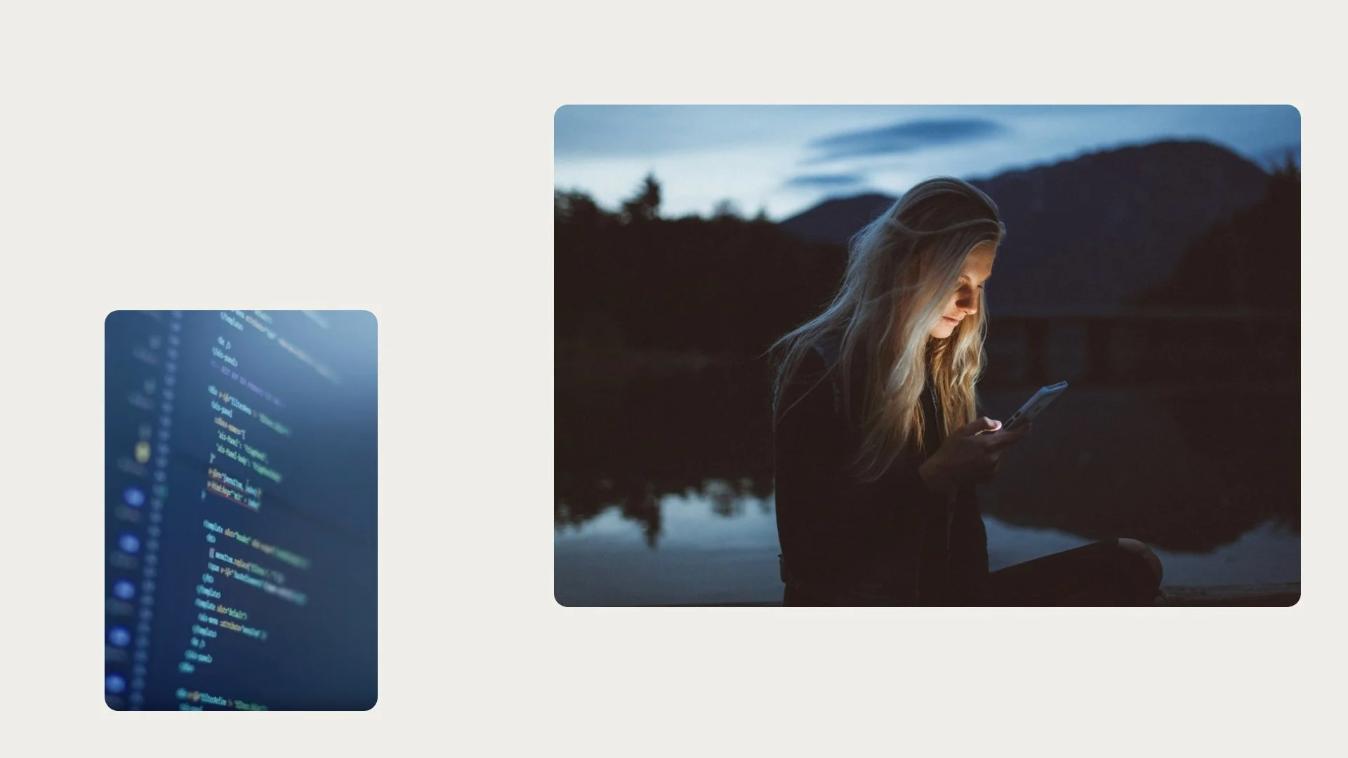 En kvinne med langt blondt hår som bruker en smarttelefon ute i naturen under kvelden, med fjell og innsjø i bakgrunnen.