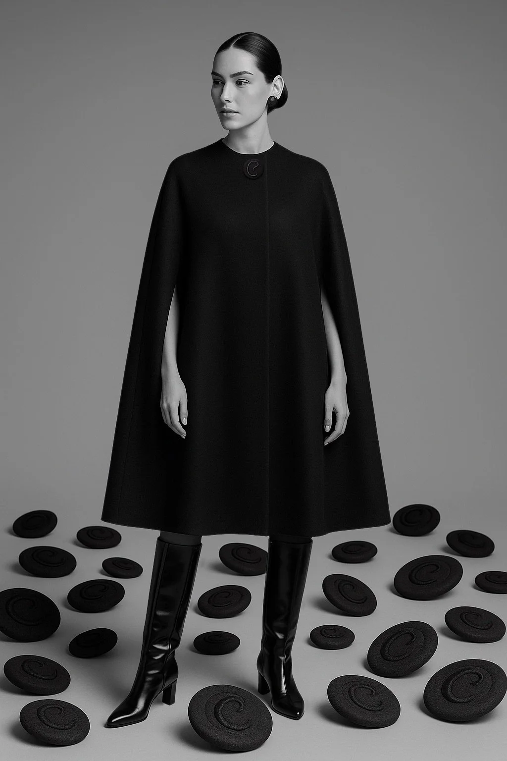 Full-length studio portrait of a woman wearing a black architectural cape with a single embroidered button at the neckline, photographed against a neutral grey background.