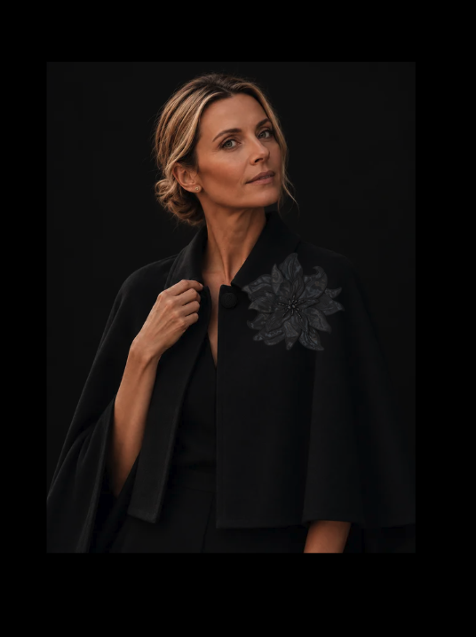 Discover the Magnolia Nocturne Brooch by CASTELLAINES, a sculptural black floral brooch crafted in layered fabric with glass bead embellishment. Designed as a statement accessory for capes, collars and jackets.