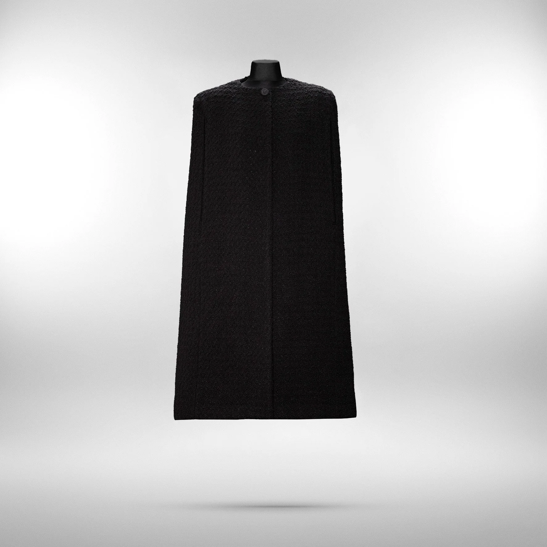 Ayane Cape Étoffée in Textured Bouclé — Sculptural Black Wool Cape with Architectural Drape