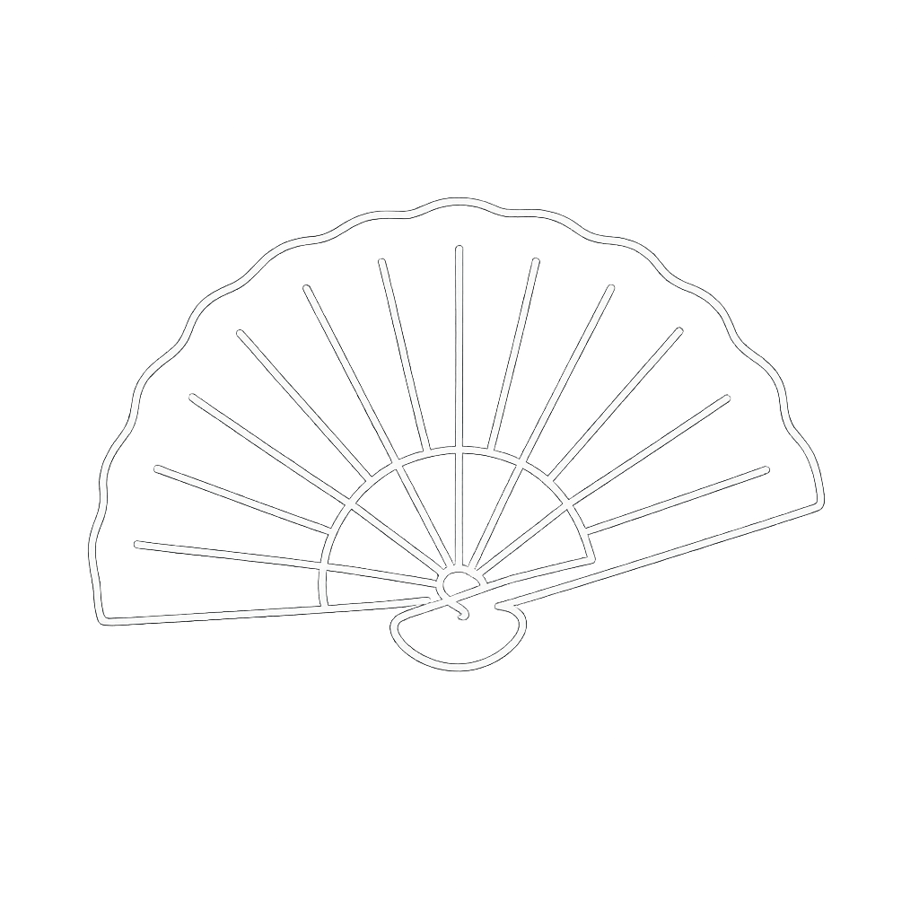 Minimalist white line illustration of a Spanish folding fan on a black background, created for CASTELLAINES as an icon representing Madrid’s cultural elegance