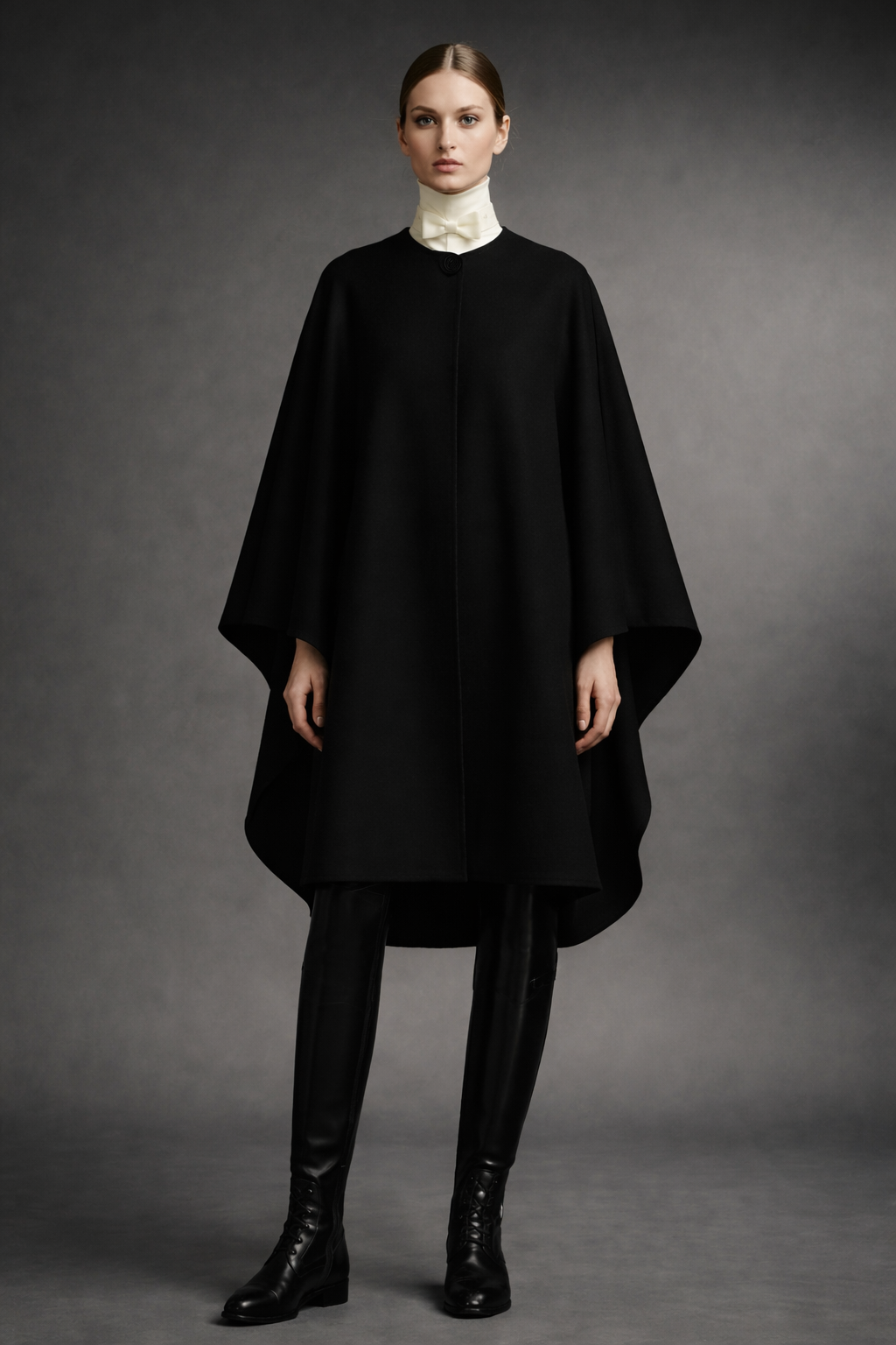 Audrey house icon cape by CASTELLAINES, shown from the front in black double-faced cloth with a round neckline, signature button, and off-white bow detail.