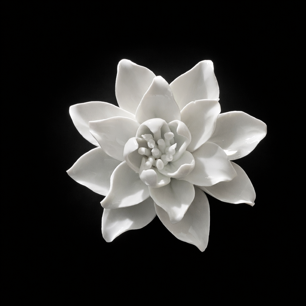 White porcelain magnolia sculpture photographed against a black background