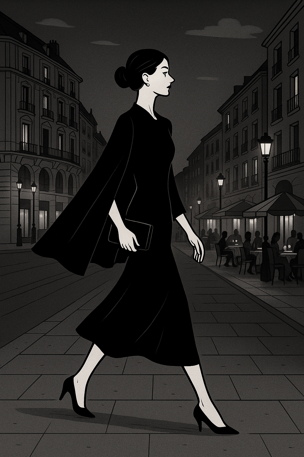 The Travelling Cape heroine in Madrid, captured in an elegant night-time dining scene, her CASTELLAINES cape glowing softly in the candlelit atmosphere.”