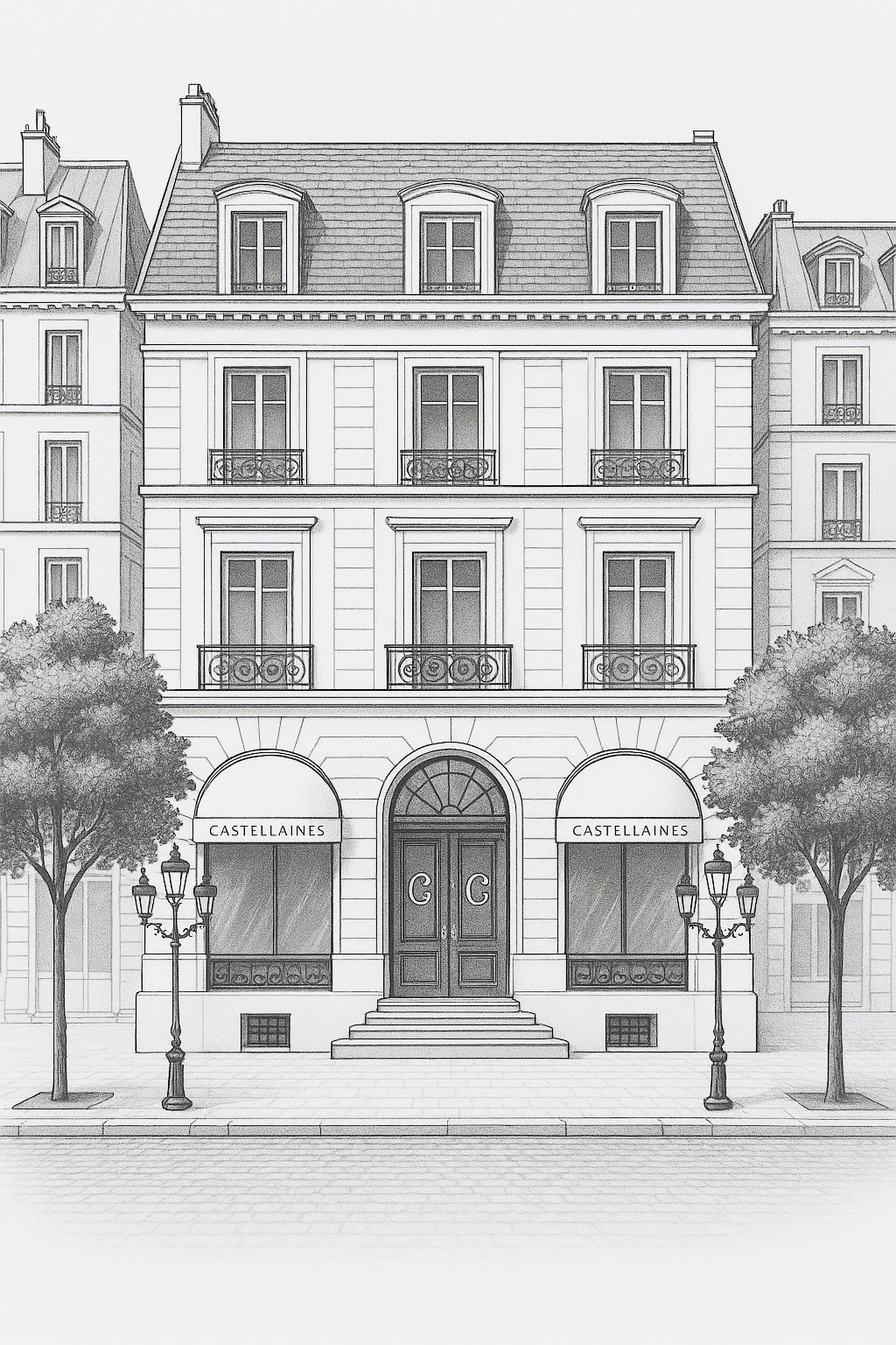 Elegant black-and-white illustration of a Parisian townhouse with CASTELLAINES signage on the marquises, black iron balconies, and arched double doors with a C logo, framed by trees and lampposts in a refined square setting.
