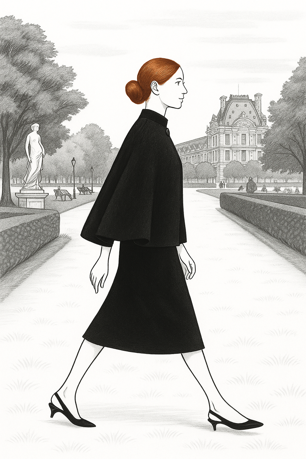 Elegant woman with red hair in a bun walks through Jardin des Tuileries in Paris wearing a black cape and kitten heels, with the Louvre softly visible in the background.